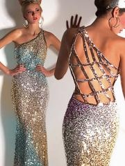 Glamorous One-Shoulder Sheath Floor Length Gold Sequined Cloth Crisscross Back Celebrity Dress