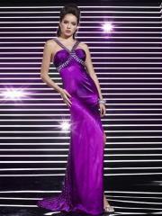 Glamorous Purple Satin V-Neck Sequined Accent Back Sheath Style Prom Dress