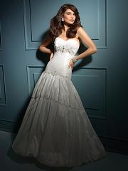 Glamorous Taffeta Gown of Embroidered Lace and Fish Tail Train