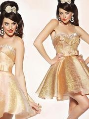 Gold Metallic Taffeta A-line Sweetheart Neckline Sequined Trim Short Length Prom Dresses