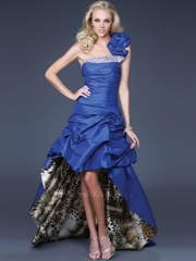 Gorgeous Dark Royal Blue Taffeta and Leopard Inner Printed Celebrity Gown of Flower at Top