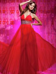 Gorgeous Deep V-Neck Empire Red Pleated Chiffon Rhinestone Zipper Celebrity Dress