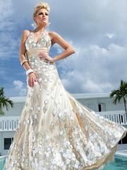 Gorgeous Deep V-Neck Floor Length Sheath Champagne Satin Diamantes Embellished Celebrity Dress