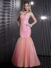 Gorgeous Floor Length Pink Sequined Halter Straps and Fish Tail Tulle Overlaid Skirt Dresses