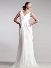 Gorgeous Full Length A-line Style Deep V-neckline Ruffled Trim White Silk Celebrity Dresses