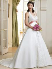 Gorgeous Halter Embroidered Satin Gown of A-Line Style and Train