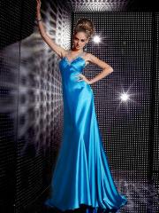 Gorgeous Halter Neck Sheath Style Floor Length Ice Blue Satin Beaded Prom Gown