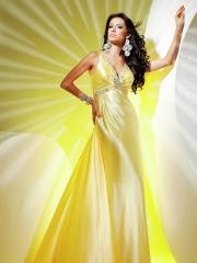 Gorgeous Halter Top Floor Length Daffodil Silky Satin Rhinestone Embellished Celebrity Dress