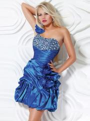 Gorgeous One-Shoulder Rhinestone Bust Dark Royal Blue Taffeta Ball Gown Wedding Guest Dress