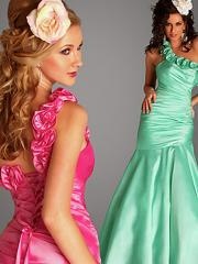 Gorgeous One-Shoulder Sage or Fuchsia Silky Satin Floral Strap Lace-Up Bridesmaid Dresses