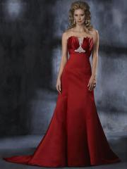 Gorgeous Red Scalloped-Edge Satin Bridal Gown of Chapel Train
