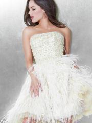 Gorgeous Strapless Short Ball Gown Beaded Satin Bodice and Feathered Skirt Wedding Party Wear