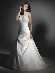Gorgeous Tulle Taffeta Halter V-Shaped A-Line Wedding Dress with A Chapel Train