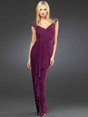 Graceful Elastic Chiffon Capped Sleeves Sequined Trim V-neckline Ruched Sheath Evening Dresses