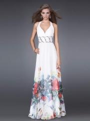 Graceful Floral Print Chiffon Deep V-Neckline Empire Waist Crisscross Back Detail Evening Dress