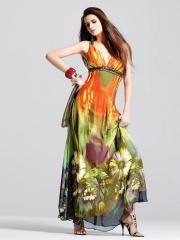 Graceful Floral Print Halter V-neckline Empire Waist Full Length Evening Dresses