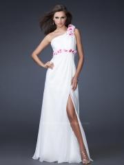 Graceful One-Shoulder Floor Length Sheath White Chiffon Flower Wedding Guest Gown