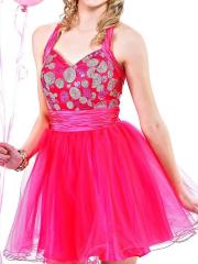 Graceful Square Neck Short A-Line Fuchsia Satin and Tulle Sequined Bodice Wedding Guest Dress