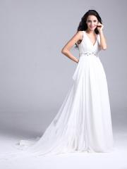 Graceful White Chiffon V-neck Floor-length Homecoming Dress with Sweep Train