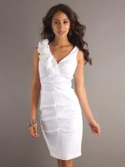 Graceful White Taffeta Sheath Style Low V-neckline and Flowers Accents Wedding Guest Dresses