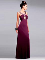 Grape Jersey Beaded Scoop Keyhole Neckline Sleeveless Floor-Length Prom Dress
