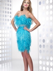 Hairy Blue Strapless Tulle Made Feathered Short Cocktail Dress of Beaded Band at Waist
