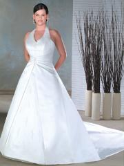 Halter Fly-Away Train Shirring Lace-Up Satin Wedding Dress