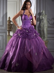 Halter Neck Floor Length Ball Gown Quinceanera Dress of Purple Organza and Taffeta