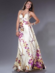 Halter Neck Floor Length Multi-Color Printed Satin Evening Gown of Cut-Out Back
