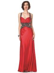 Halter Neck Floor Length Red Silky Satin Sequined Accent Sheath Style Mother of Brides Dress