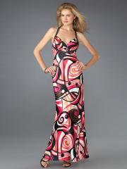Halter Neck Flowery Printed Ankle-Length Evening Gown of Sequined Crisscross Back