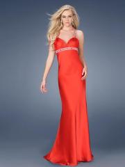 Halter Neck Orange Red Satin Floor Length Sheath Prom Gown of Beaded Accents and Crisscross