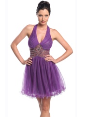Halter Neck Purple Tulle Short Length Wedding Guest Gown of Beadwork at Front Natural Waist