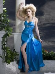 Halter Sequined Top Floor Length Slit Ice Blue Silky Satin Rhinestone Embellished Celebrity Gown