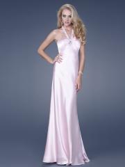 Halter Strap Floor Length Ivory Shinning Satin Evening Gown of Beadwork at Bust