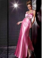 Halter Top Sheath Floor Length Pink Silky Satin Slit Beaded Prom Occasion Outwear