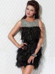 High Neck Short Sheath Sleeveless Black Feathered Skirt and Diamantes Bodice Cocktail Dress