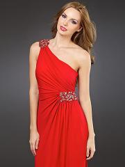 Hot Red One Shoulder Ruched Bodice Rhinestone Detail Floor Length Evening Dresses