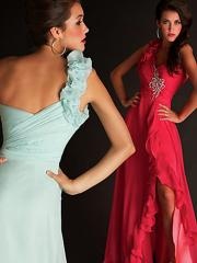 Hot Seller 2012 Red or Light Sky Blue Chiffon Ruffled Slit Floor Length Wedding Guest Dresses