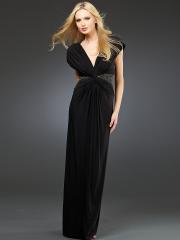 Hot Seller Deep V-Neck Floor Length Black Chiffon Sequined Bridesmaid Gown