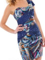 Hot Seller One-Shoulder Short Length Sequined and Dark Royal Blue Chiffon Cocktail Gown