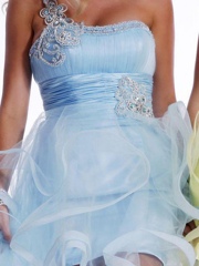 Ice Blue Organza Beaded One-Shoulder Neckline Sleeveless High-Low Floor-Length Cocktail Dress