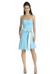 Ice Blue Satin Lace Strapless Sweetheart Neckline Sleeveless Short Junior Bridesmaids Dress