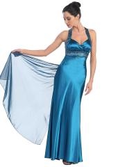 Ice Blue Stretch Satin Halter Neckline Sequined Band Empire Waist Full Length Evening Dresses
