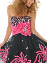 Illusion Black Taffeta Organza Strapless Beaded Bow Embellishment A-line Prom Dresses