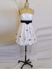 Inexpensive Strapless Short Sheath White Smooth Satin Black Floral and Belt Party Dress
