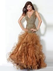 Inimitable Deep V-Neck Ball Gown Sequined Bodice and Ruffled Gold Organza Celebrity Dress