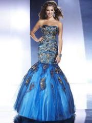 Inimitable Strapless Ball Gown Royal Blue Peacock Printed and Organza Skirt Celebrity Wear