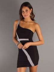 Interesting One-Shoulder Black Elastic Chiffon Sheath Silver Strap Cocktail Party Dress