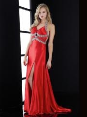 Intoxicating Sheath Floor Length Rhinestone Embellished Halter Neck Red Chiffon Prom Dress